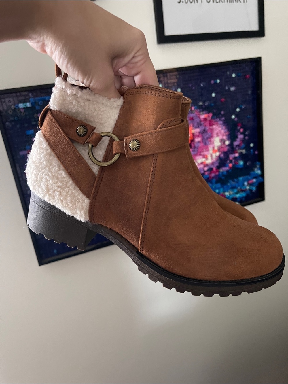 Sugar Brown Faux Suede Ankle Boots with Cream Shearling Accent